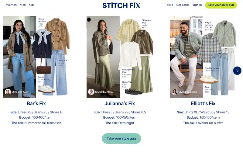 Screenshot of stitchfix.com, further down the homepage