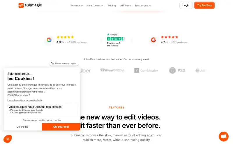 Screenshot of submagic.co, further down the homepage
