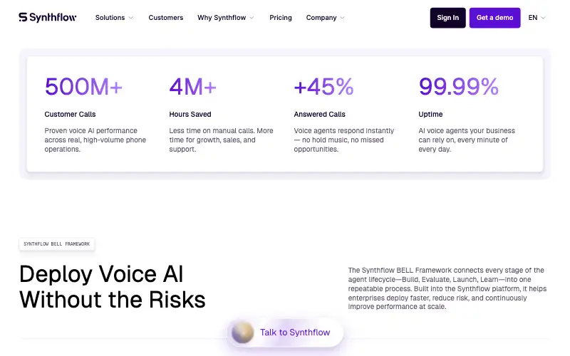 Screenshot of synthflow.ai, further down the homepage