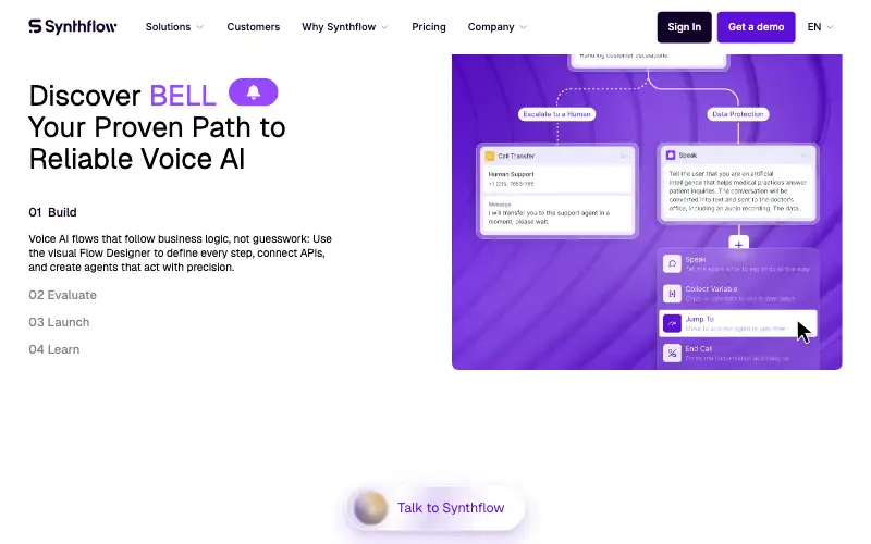 Screenshot of synthflow.ai, further down the homepage