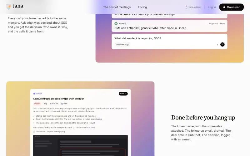 Screenshot of tana.inc, further down the homepage