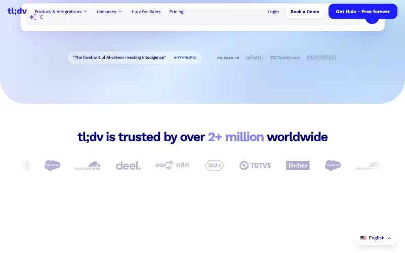 Screenshot of tldv.io, further down the homepage