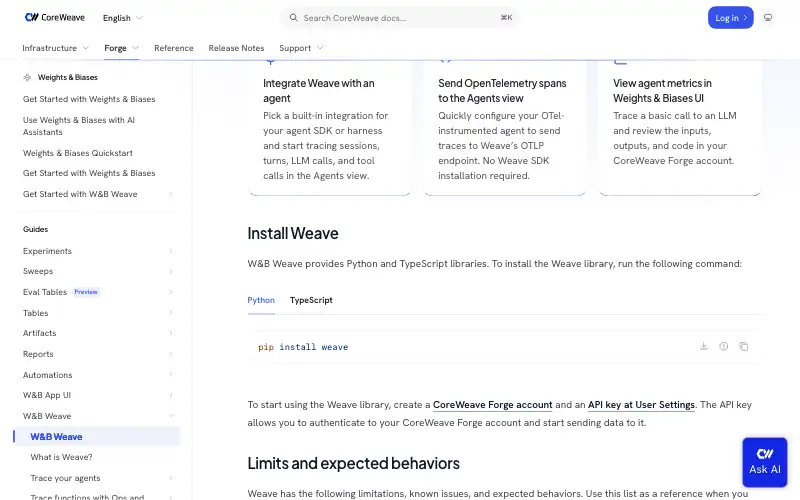 Screenshot of docs.coreweave.com, further down the homepage