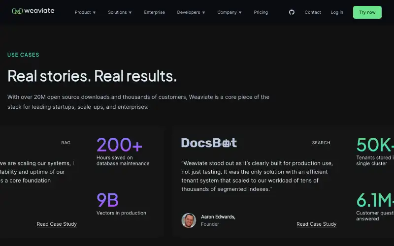 Screenshot of weaviate.io, further down the homepage