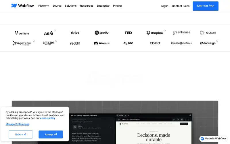 Screenshot of webflow.com, further down the homepage