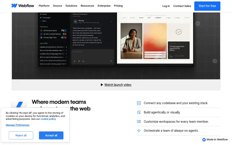 Screenshot of webflow.com, further down the homepage