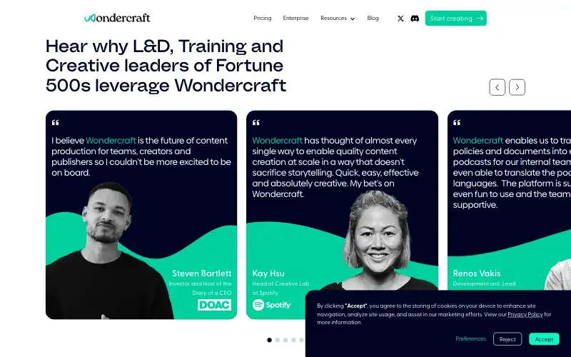 Screenshot of wondercraft.ai, further down the homepage