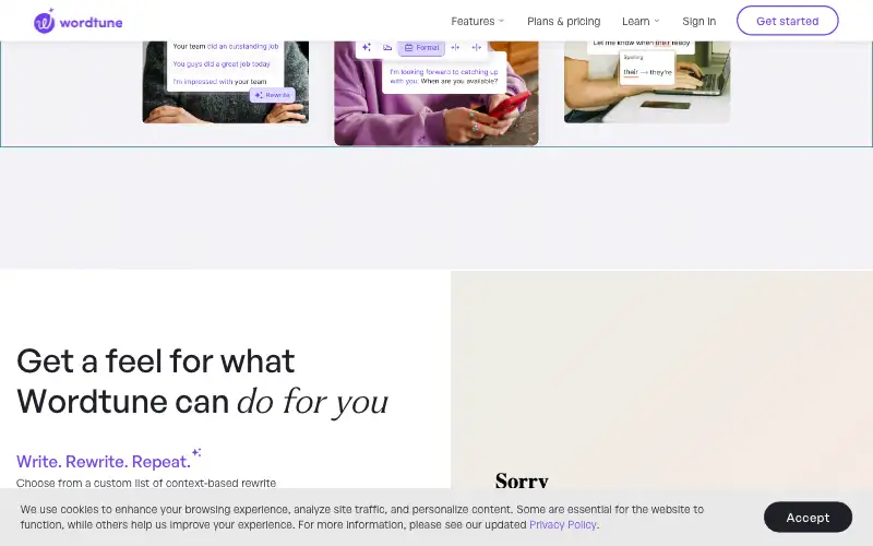 Screenshot of wordtune.com, further down the homepage