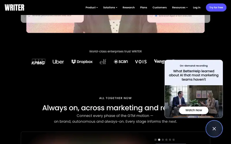 Screenshot of writer.com, further down the homepage